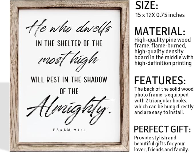 Christian Wooden Wall Sign, Inspirational Home Decor for Living Room, Wall Decor Art, Framed Wood Plaque Sign 15 * 11.5 inches, He Who Dwells in the Shelter of the Most High-Ruum Studio Home