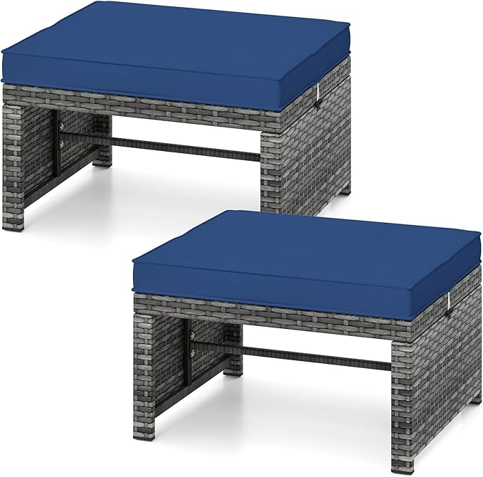 Tangkula 2 Pieces Patio PE Rattan Ottomans, Multipurpose Outdoor Footstool Footrest Additional Seating Side Table with Soft Zippered Cushions for Deck, Garden, and Yard (Navy Blue)-Ruum Studio Home