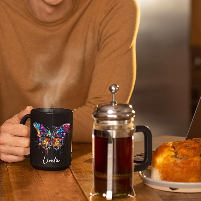 Customized Butterfly Mug, Themed Coffee Cup, Gift For Men Women, Personalized Name Butterfly Black Mug, Ceramic Cup 11oz 15oz, Lover Mug-Ruum Studio Home