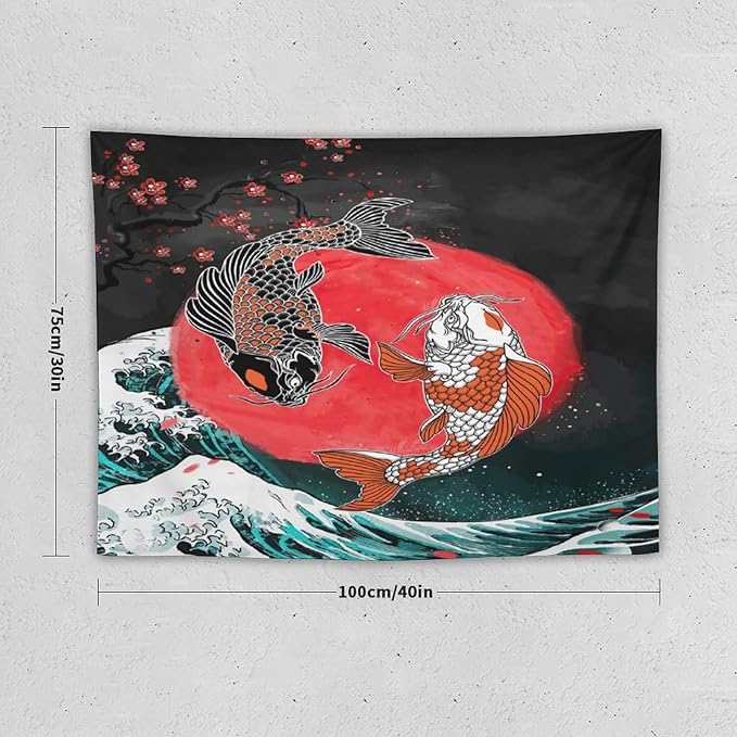 Houselerax Koi Fish Tapestries,Japanese Style Yin Yang Big Wave Cherry Blossoms Tapestry Wall Hanging for Bedroom Living Room Office Decor 40"x30"-Ruum Studio Home