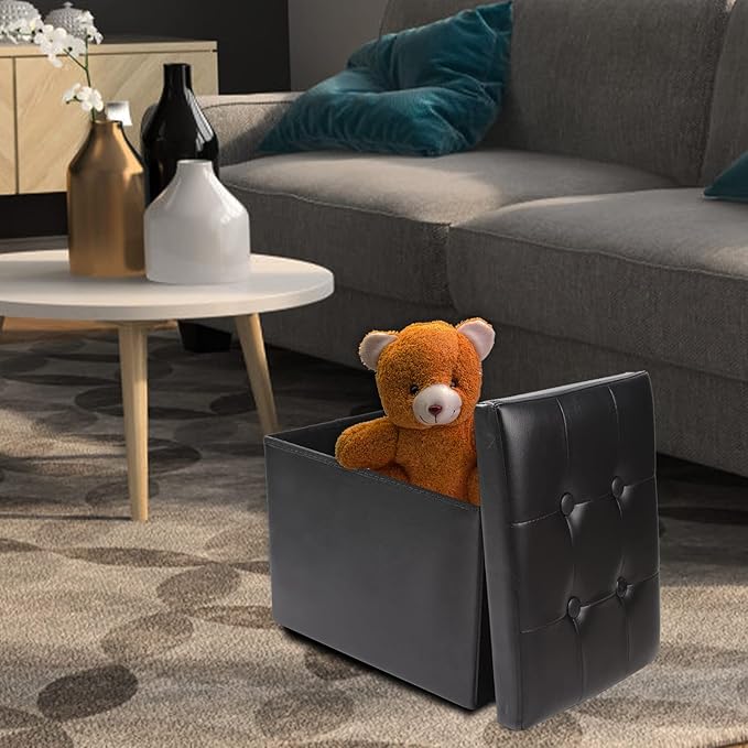 ALASDO Storage Ottoman Footrest Stool Small Ottoman with Storage Foldable Ottoman Leather Foot Rest Footstool Bench for Living Room 17x13x13inches Black-Ruum Studio Home