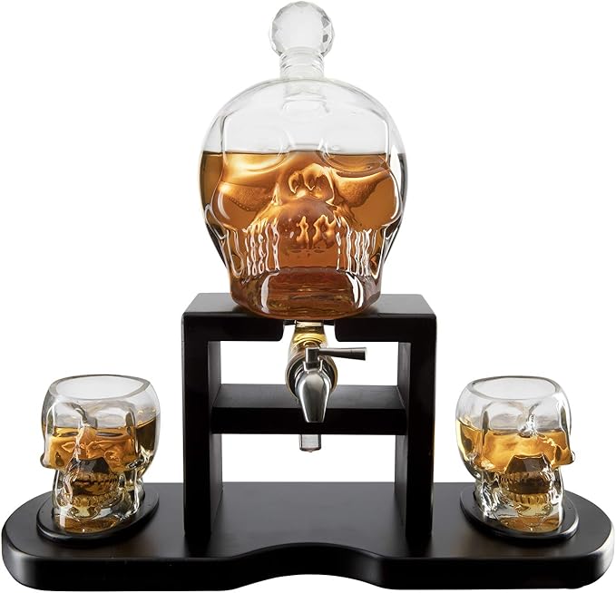 Skull Skeleton Wine & Whiskey Decanter Set 750mL with 2 Skull Shot Glasses 3oz | Gothic Skeleton Barware on Mahogany Wooden Base with Spigot | Spooky Halloween Decor Drinkware & Unique Goth Gift Idea-Ruum Studio Home