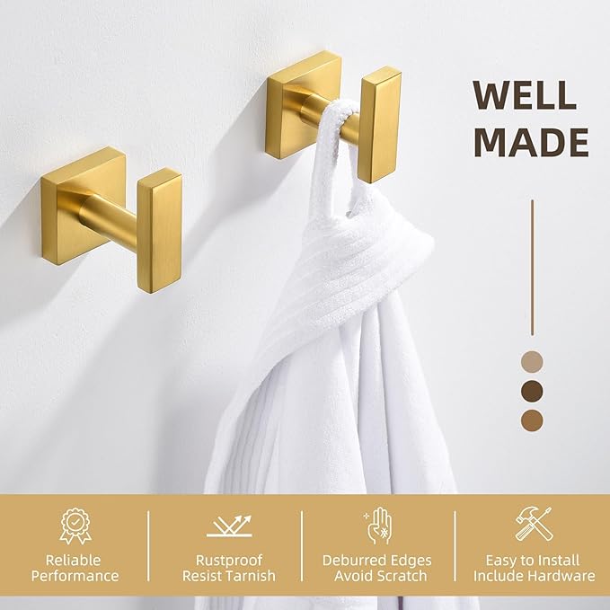 Angle Simple Towel Hooks for Bathroom, SUS 304 Stainless Steel Square Robe Coat Wall Hooks, Hand Towel Holder, Brushed Gold, 2 Pack-Ruum Studio Home