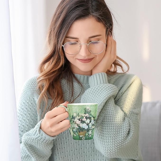 Coffee Mug Sets of 4, 12oz Bone China Porcelain Cups with Art Print Large Handle Dishwasher Microwave safe for Tea Cocoa or Hot Chocolate-Ruum Studio Home