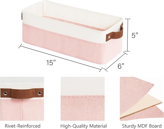 StorageWorks Narrow Storage Bins, Small Basket for Closet and Shelves, Fabric Organizer with Handles, Toilet Paper Storage, Pink and White, 2-Pack-Ruum Studio Home