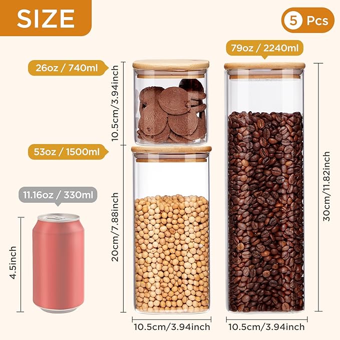 Square Glass Food Storage Jars with Lids[Set of 5], Perfect for Pasta, Cookies, Nuts, Coffee, Cereal, Flour,Organize Your Kitchen and Pantry with these BPA-Free Glass Jars with Canisters-Ruum Studio Home