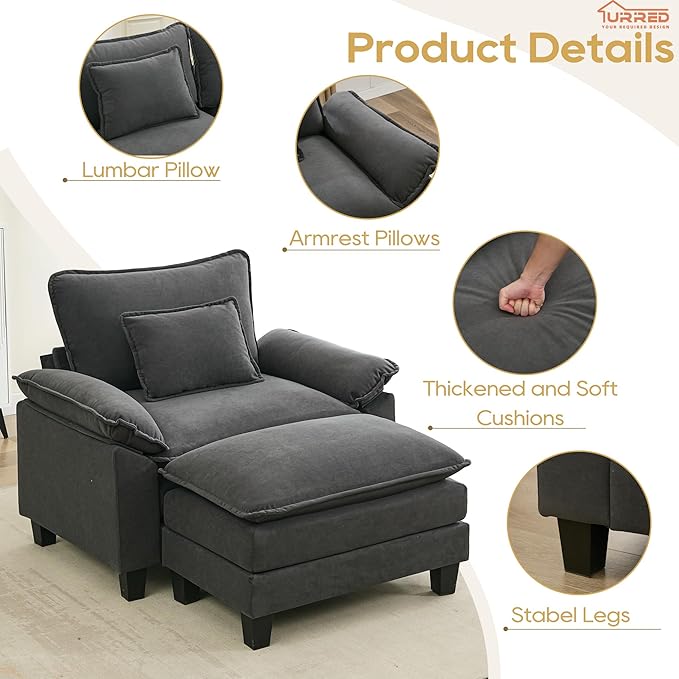 URRED Modular Sectional Sofa Comfy Cloud Couch, Modern Chenille Sofa Sleeper Deep Seat Couches with Ottoman/Pillows for Living Room (Dark Gray, 53''- Ottoman)-Ruum Studio Home