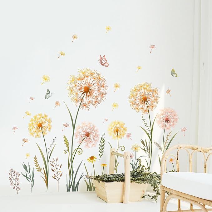Dandelion Flower Butterfly Wall Decals Gold Dandelion Plants Floral Wall Stickers Peel and Stick Vinyl Wall Art Decor for Living Room Bedroom Office TV Sofa Backdrop Home Decor Gifts for Mom-Ruum Studio Home