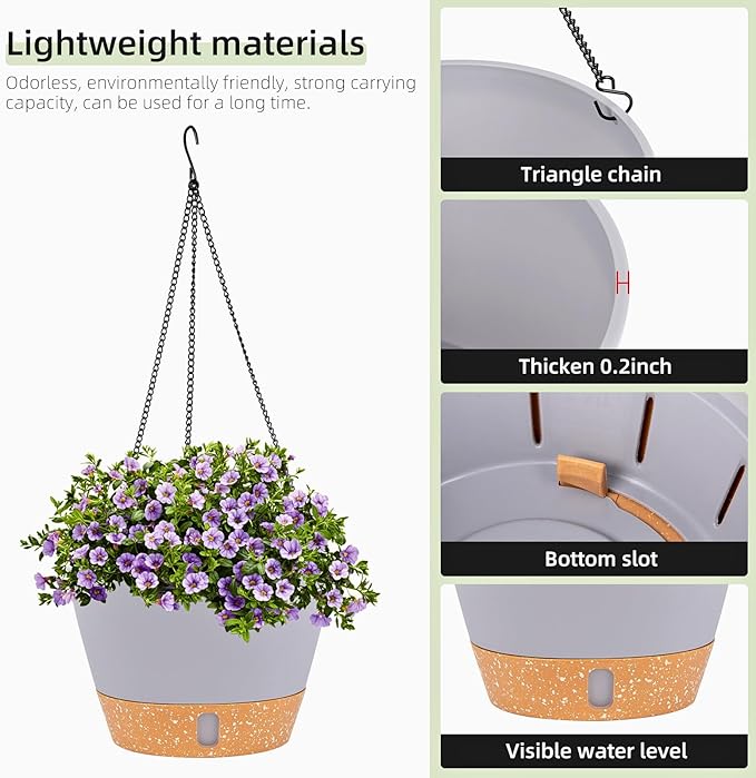 QCQHDU 2 Pack Hanging Planters for Indoor Outdoor Plants, 10 Inch Hanging Baskets Flower Pots with Reservoir Tray & Visible Water-Level-Ruum Studio Home