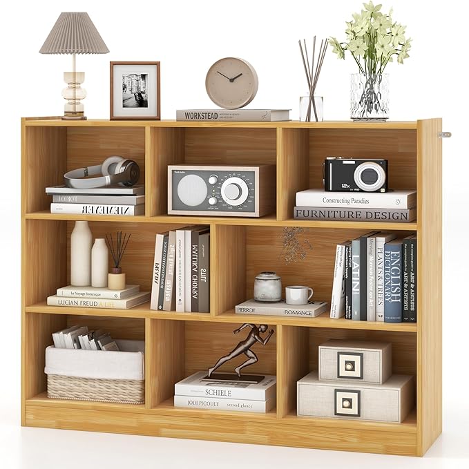 Tangkula 8-Cube Bookcase, Wood 3 Tier Open Storage Bookshelf, Modern Multipurpose Display Cabinet for Living Room, Study, Reading Nook, 48 x 12.5 x 36.5 Inch, Burlywood-Ruum Studio Home