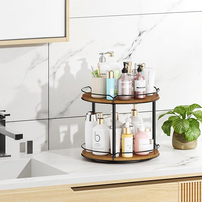 12.4" Lazy Susan Organizer 2 Tier - Rotating Spice Rack, Wooden Spinning Spice Holder for Inside Cabinet, Pantry, Kitchen, Countertop, Bathroom and Vanity, Versatile Storage-Ruum Studio Home