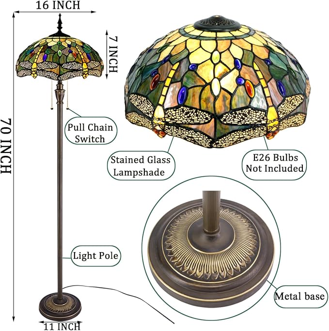 Tiffany Floor Lamp Stained Glass Lamp Standing Reading Light 16x16x70 Inch for Living Room (Amber Yellow Dragonfly)-Ruum Studio Home