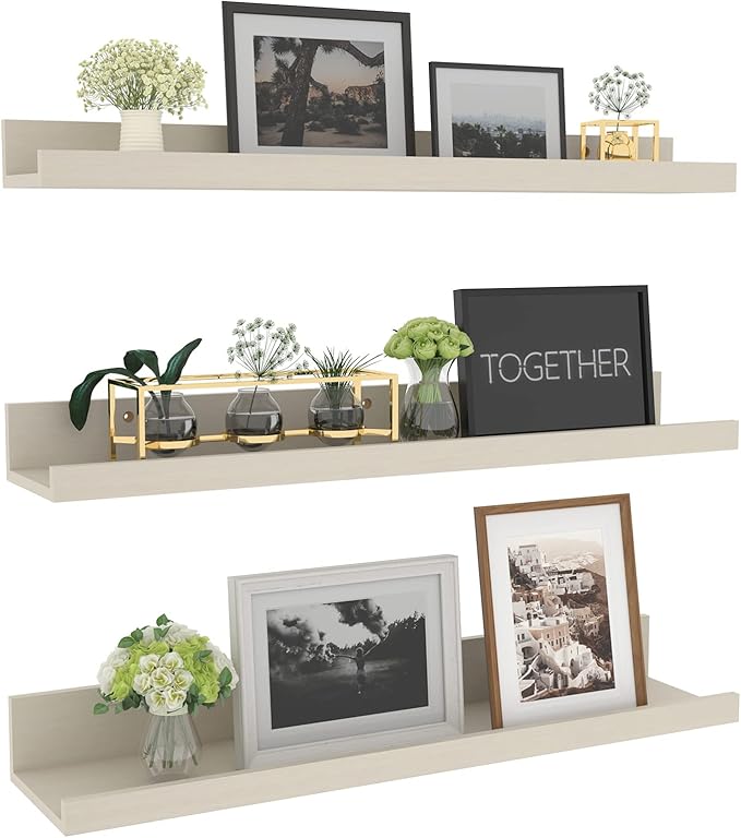 Giftgarden 24 Inch Floating Shelves for Wall, Creamy White Beige Wood-Grain Wooden Shelf Ledge for Bathroom Kitchen Living Room Nursery Bedroom Picture, Set of 3 Different Sizes-Ruum Studio Home