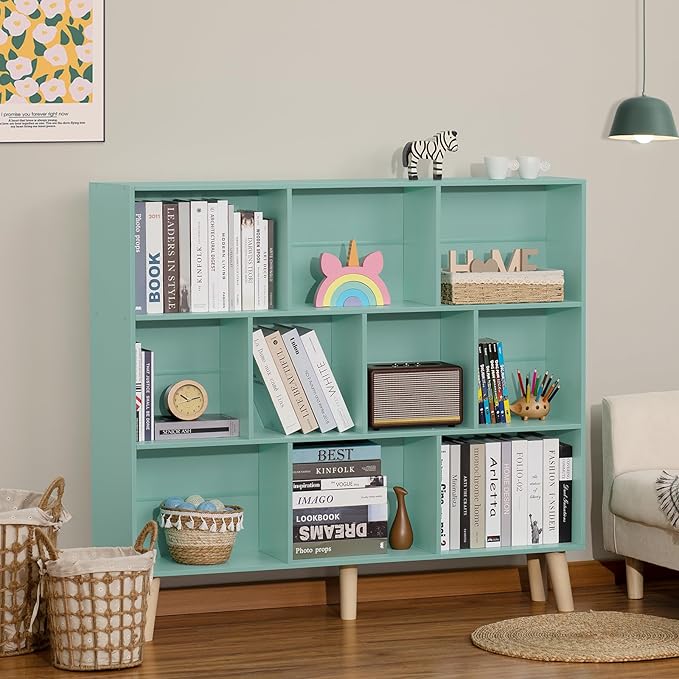 LEYAOYAO 10 Cube Bookshelf,3 Tier Modern Wide Bookcase with Legs,Mid-Century Wood Bookshelves Storage,Mint-Green Large Book Case,Freestanding Organizer Display Shelf for Bedroom,Living Room,Office-Ruum Studio Home