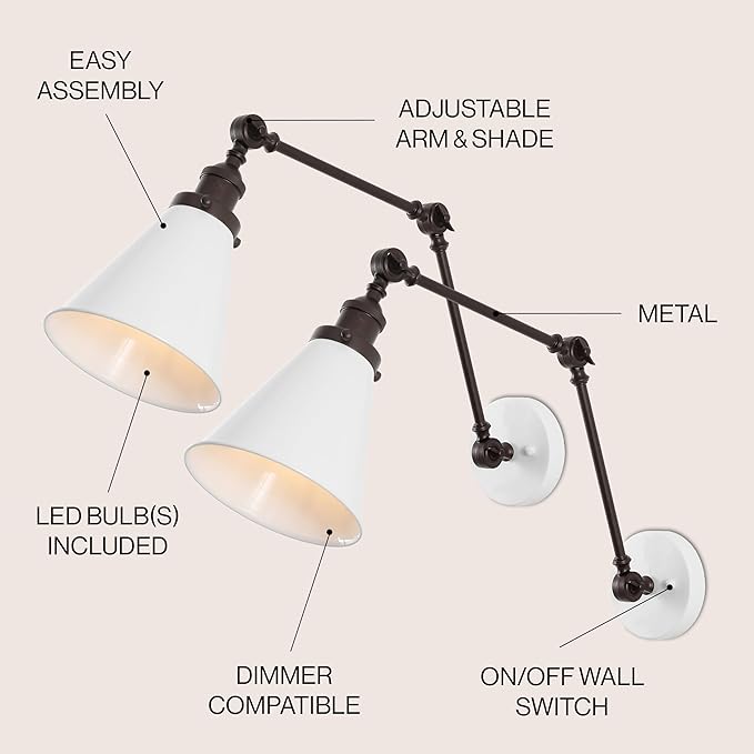 JONATHAN Y JYL7462C-SET2 Rover 7" Classic Industrial Metal Adjustable Arm LED Wall Sconce, White/Oil Rubbed Bronze (Set of 2) for Bedroom, Bathroom, Vanity-Ruum Studio Home