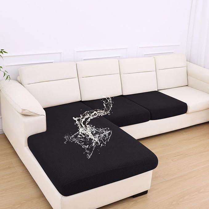 hyha Waterproof Couch Cushion Covers for Pets, Non Slip Sofa Seat Cover for Dogs Washable, Soft Thick Stretch Jacquard Fabric, Sofa Slipcovers with Elastic Bottom (1 Chaise+2 Seater, Black)-Ruum Studio Home