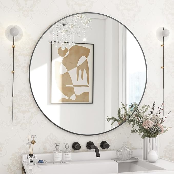 BEAUTYPEAK 24 Inch Round Mirror, Metal Frame Circle Mirror, Wall Mounted for Entryway, Bathroom, Vanity, Living Room, Black-Ruum Studio Home