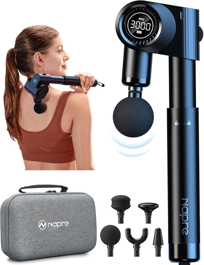 Foldable Massage Gun Deep Tissue with 5 Adjustable Angles,Portable Percussion Back Massager for Muscle/Neck/Body Pain Relief with Long Extension Metal Handle,32-Speeds,with Carry Case-Ruum Studio Home