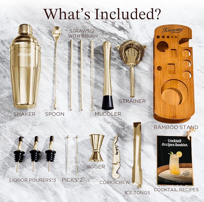 KITESSENSU Cocktail Shaker Set Bartender Kit with Stand | Bar Set Drink Mixer Set with All Essential Accessory Tools: Martini Shaker, Jigger, Strainer, Mixer Spoon, Muddler |Champagne Gold-Ruum Studio Home
