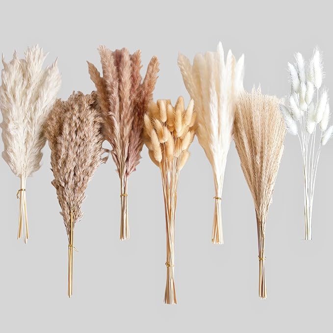 125 PCS Dried Pampas Grass Bouquet, Boho Table Decor, Bunny Tails Dried Flowers, Brown Pampas, White Pampas Grass for Weddings, Home Decor, Rustic Parties, and Baby Shower Decorations-Ruum Studio Home
