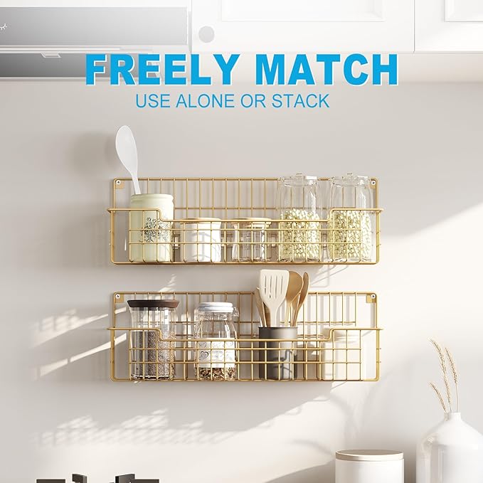 Spice Rack, 4-Pack Seasoning Organizer Wall Mounted for Kitchen Storage Organization, Metal Spice Holder Shelf for Cabinet, Pantry, Gold-Ruum Studio Home