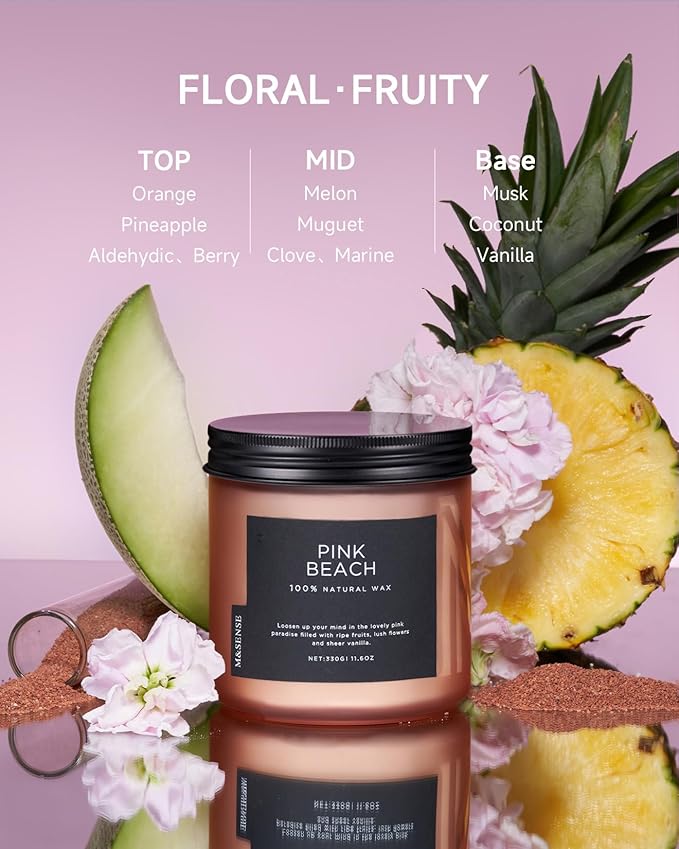 M&SENSE Pink Beach Sands Jar Candle, 11.6oz Pineapple & Coconut Scented Natural Soy Candles for Home Scented, 70 Hour Burn Time, Home Decor Gift for Women, Friends, Family, Colleagues, Couples-Ruum Studio Home