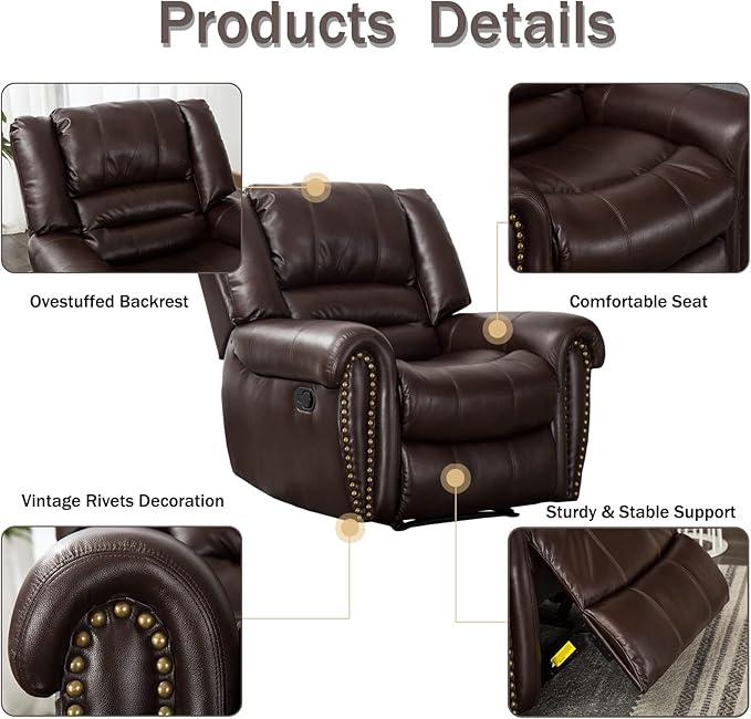 CANMOV Leather Recliner Chair, Classic and Traditional Manual Recliner Chair with Comfortable Arms and Back Single Sofa for Living Room, Brown-Ruum Studio Home