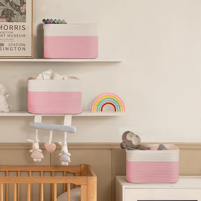 4 Pack Storage Baskets for Organizing, Woven Baskets for Shelves - Perfect for Toys, Books, Towels, and Clothes, Durable Gift Basket Bins Toy Storage, 12.7''Lx9''Wx7.8''H, Pink & White-Ruum Studio Home