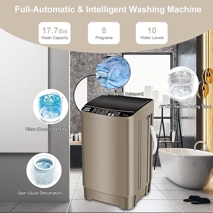 17.7 lbs Full Automatic Washing Machine with LED Display Compact Washing Machine with Drain Dump, 10 Wash Programs and 8 Water Levels Ideal for Dorms, Apartments, RV, Gold, KB03 GOLD6-3-Ruum Studio Home