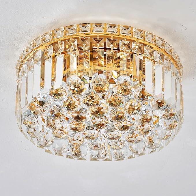 4-Light Gold Crystal Chandeliers Flush Mount Chandelier Light Fixture with K9 Crystals Modern Ceiling Lights Elegant Round Lamp for Bedroom,Hallway,Bar,Living Room,Dining Room,H5.9 xW13.7-Ruum Studio Home
