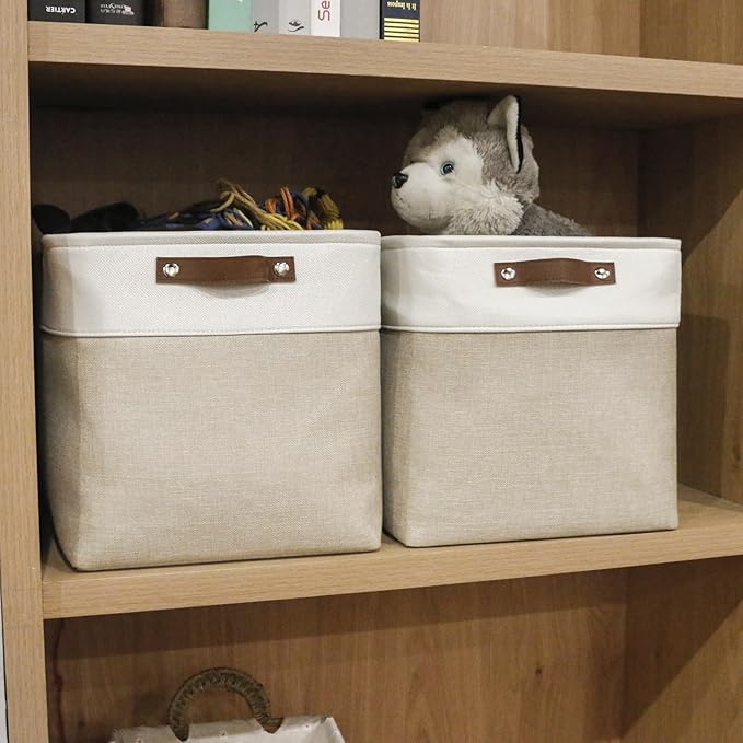 13x13 Cube Storage Bins, Collapsible Fabric Storage Box, 4 Pack Closet Baskets with Handles for Organizing, Shelf, Toys, Clothes, Home, Office, Nursery (Beige&White)-Ruum Studio Home