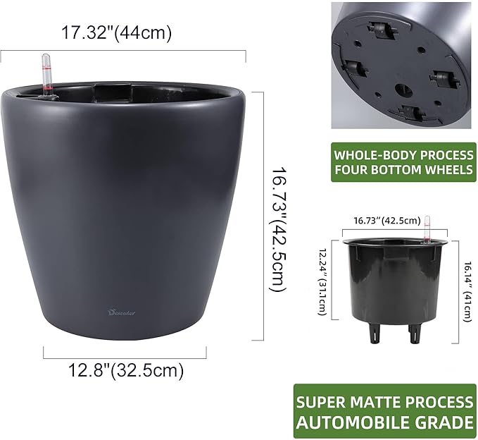 Dexceder 18x17 Self Watering Planter with Wheels Indoor Outdoor, Inner Pot Design, Thickened Large Floor Standing Flower Plant Pot with Water Level Indicator (Slate Gray Matte)-Ruum Studio Home