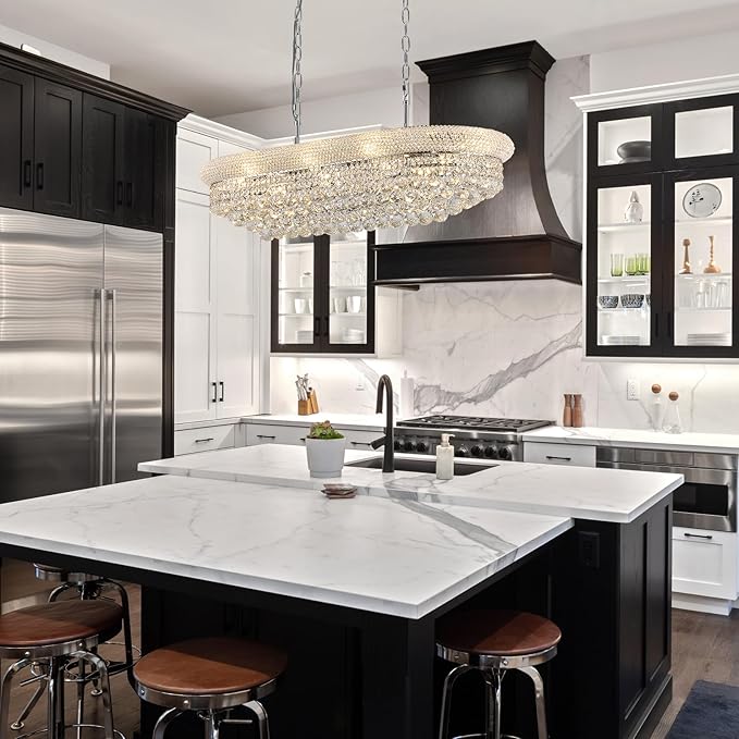 Rectangular Crystal Chandeliers for Dining Room,10 Lights Adjustable Height Oval Crystal Ceiling Light Fixture for Kitchen Island, Chrome Finish, L36''-Ruum Studio Home