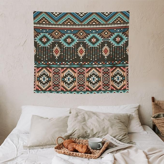 HZOHNAGO Aztec Tapestry Turquoise Blue and Brown and Native American Tribal Pattern Printed Wall Tapestry Wall Hanging for Bedroom Living Room Dorm 60" W x 50" H-Ruum Studio Home