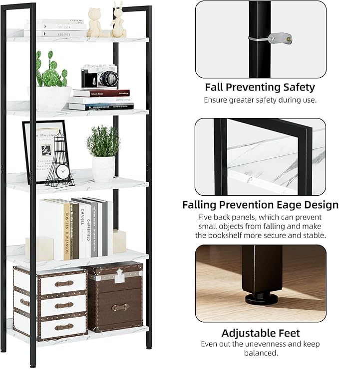 NUMENN Bookshelf, 5 Tier Bookshelves, Home Office Bookcase Shelf Storage Organizer, Free Standing Storage Shelving Unit for Bedroom, Living Room and Home Office, White Marble-Ruum Studio Home