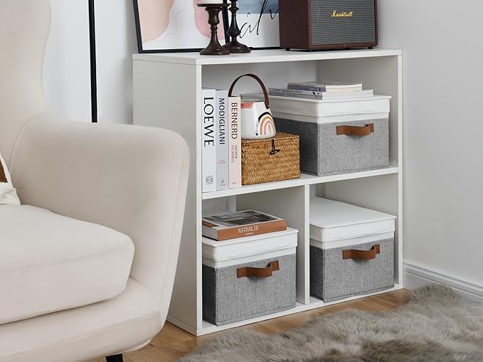 StorageWorks Large Storage Bins with Lids, Decorative Storage Boxes with Lid and PU Handles, Foldable Storage Baskets for Closet, Shelves, Stackable, Gray and White, 3-Pack-Ruum Studio Home