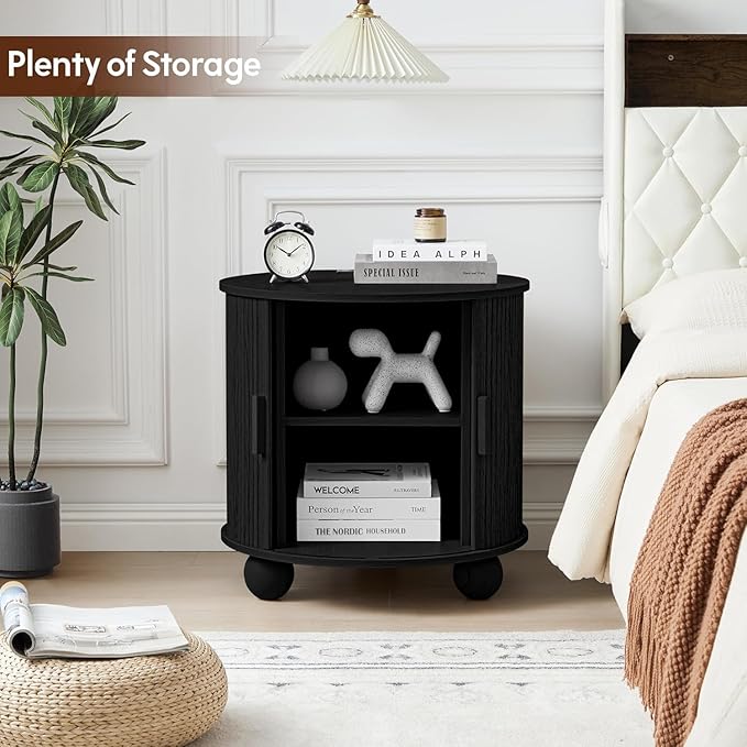 24" Large Fluted Round End Table with Charging Station, Farmhouse Cricle Sofa Side Table with Sliding Door and Storage, Rustic Curved Wood Nightstand for Living Room, Bedroom,Black-Ruum Studio Home