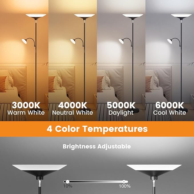 Upgraded 2-in-1 Torchiere Floor Lamp, Dimmable Standing Lamp with Remote&Touch Control, 34W Brightness Adjustable Floor Reading Light, Black Modern Corner Lamp for Living Room Bedroom Office-Ruum Studio Home