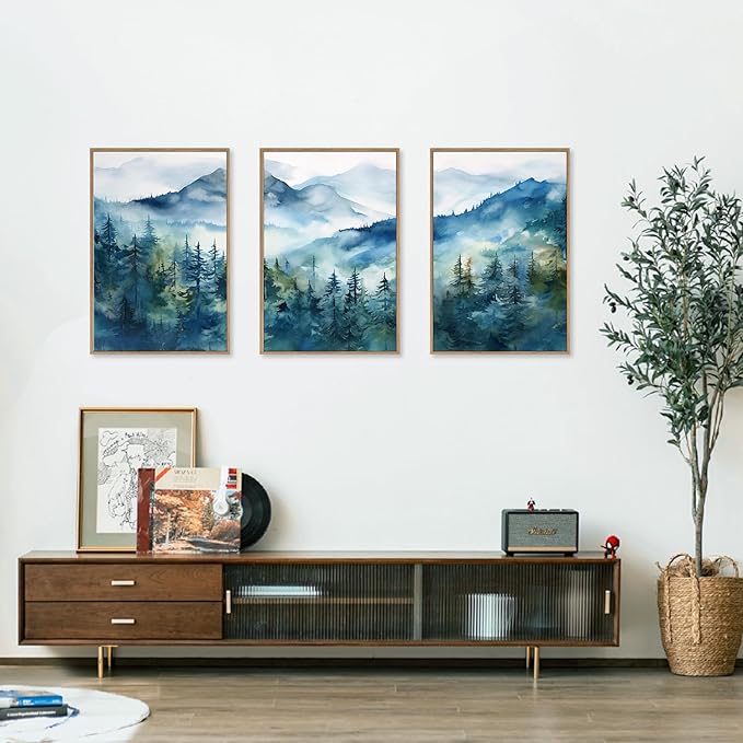Celestdeco Blue Ridge Mountains Forest Framed Canvas Wall Art Set, Natural Landscape Wall Decor, Green Pine Trees Wall Painting, Woodland Artworks for Living Room, Bedroom, Dining Room - 16"x24"x3-Ruum Studio Home