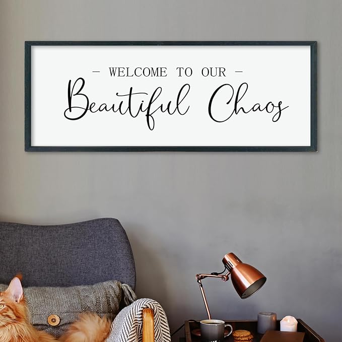 LuZhiQiang Welcome To Our Beautiful Chaos Sign Wall Decor 40"×15" for Home Living Room Entryway Bedroom Large Wood Framed Wall Hanging Art (Black)-Ruum Studio Home