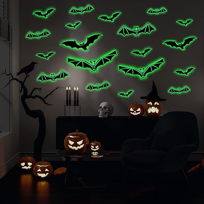3 Sheets Glow in The Dark Halloween Skeleton Bat Decals Luminous Halloween Skeleton Bat Stickers Removable Bat Wall Decor Glowing Window Clings for Scary Halloween Theme Party Decorations-Ruum Studio Home