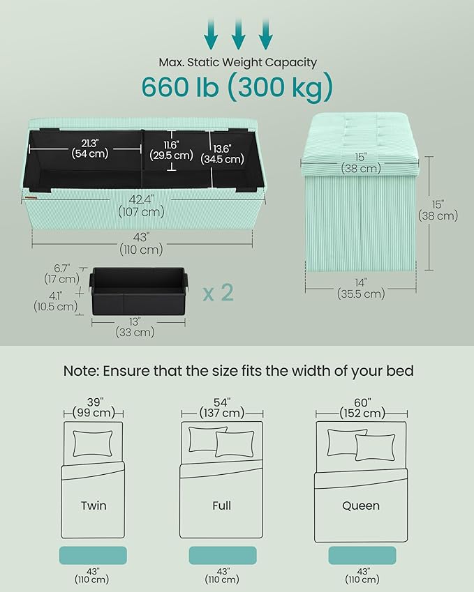 SONGMICS MAZIE Collection - Storage Ottoman Bench, Foldable Foot Rest, 15 x 43 x 15 Inches, End of Bed Bench, Storage Chest, Load 660 lb, Living Room, Bedroom, Entryway, Moonlight Green ULSF604C01-Ruum Studio Home