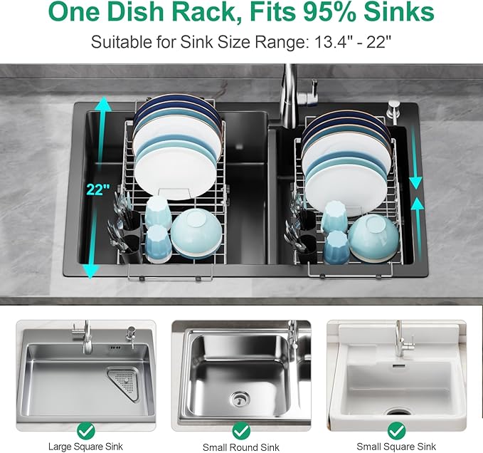 GSlife Expandable Sink Dish Drying Rack - Stainless Steel Capacity Adjustable Over The Sink Dish Rack (13.4''-20.4'') with Sink Mat and Utensil Holder, Silver-Ruum Studio Home