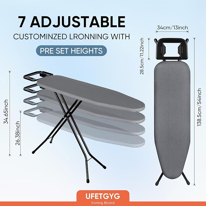 Classic Ironing Board 43" X 13" W/with Iron Rest | Full Metal Construction| Height Adjustable | Heat & Scorch Resistant Fabric | Anti-Skid Feet | Easy to Fold (Dark Grey)-Ruum Studio Home