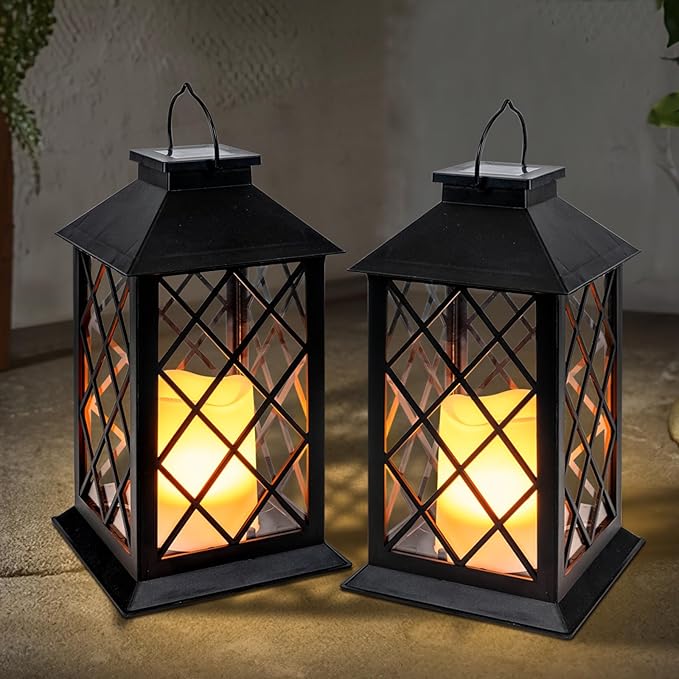 Homemory Solar Lanterns Outdoor Waterproof Hanging with Flickering Flameless Candles, 2 Pack 13'' Garden Outdoor Lantern Decorative for Patio Front Porch Backyard Balcony Cabin Outside Table(Black)-Ruum Studio Home