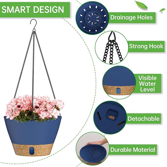 ZMTECH 8 Inch Hanging Planters for Indoor Plants, Hanging Baskets for Plants Outdoor with Visible Water Level, Hanging Flower Pots with Drainage Holes & Removable Tray(2 Pack, Blue)-Ruum Studio Home
