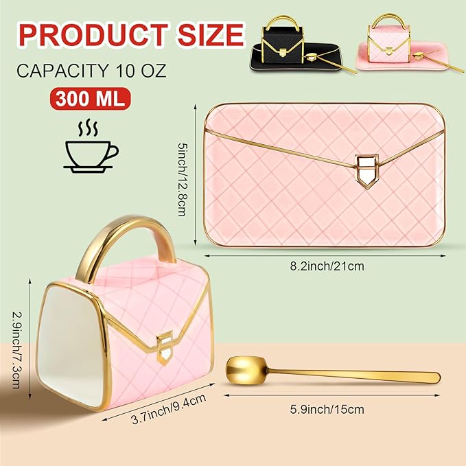 Zubebe 2 Sets Coffee Mug Elegant Handbag Shaped Cup Modern Ceramic Purse Mug with Spoon and Saucer, 10oz Cute Creative Tea Cup for Office Home Woman Girls Gift (Pink,Black)-Ruum Studio Home