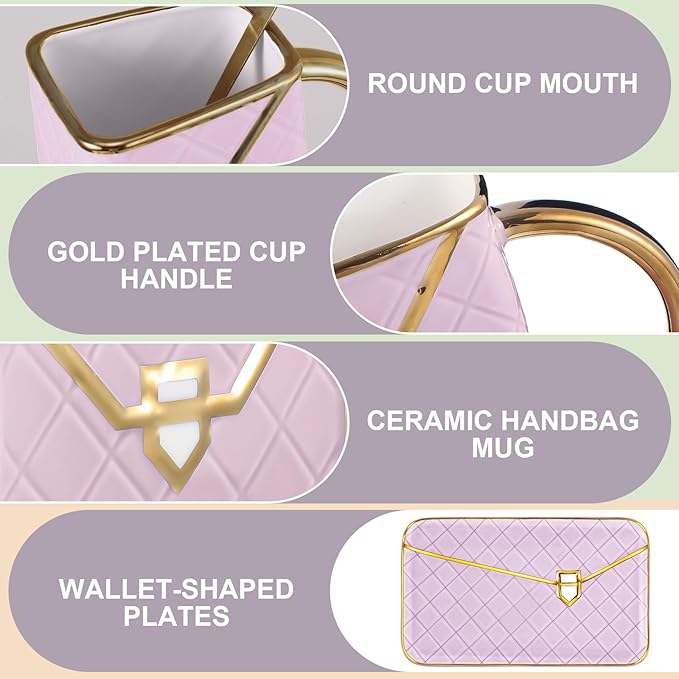 Zubebe 1 Set Coffee Mug Elegant Handbag Shaped Cup Modern Ceramic Purse Mug with Spoon and Saucer, 10oz Cute Creative Tea Cup for Office Home Woman Girls Gift (Purple)-Ruum Studio Home