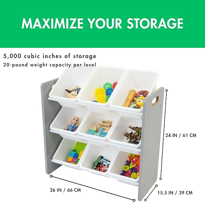 Humble Crew 9-Bin Toy Organizer – Inspire Grey with White Plastic Bins, 3-Tier Storage Solution for Kids' Playrooms and Nurseries-Ruum Studio Home