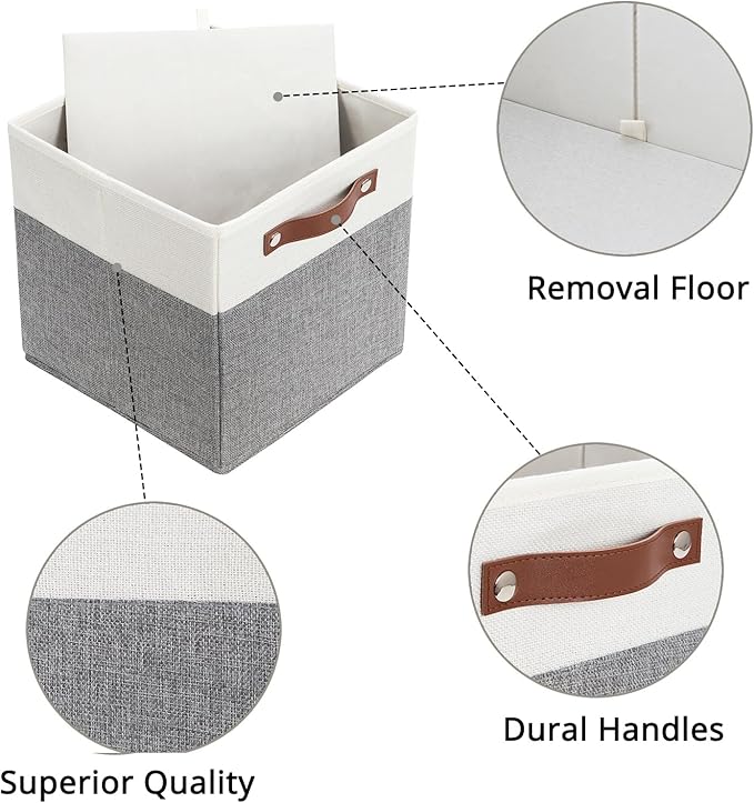 HNZIGE Set of 4, Foldable Storage Cube Bin Baskets, Fabric 11x11 Cube Storage Bins for Storage with Handles, Shelf Bins for Cube Home Toy Nursery Closet(White Gray)-Ruum Studio Home